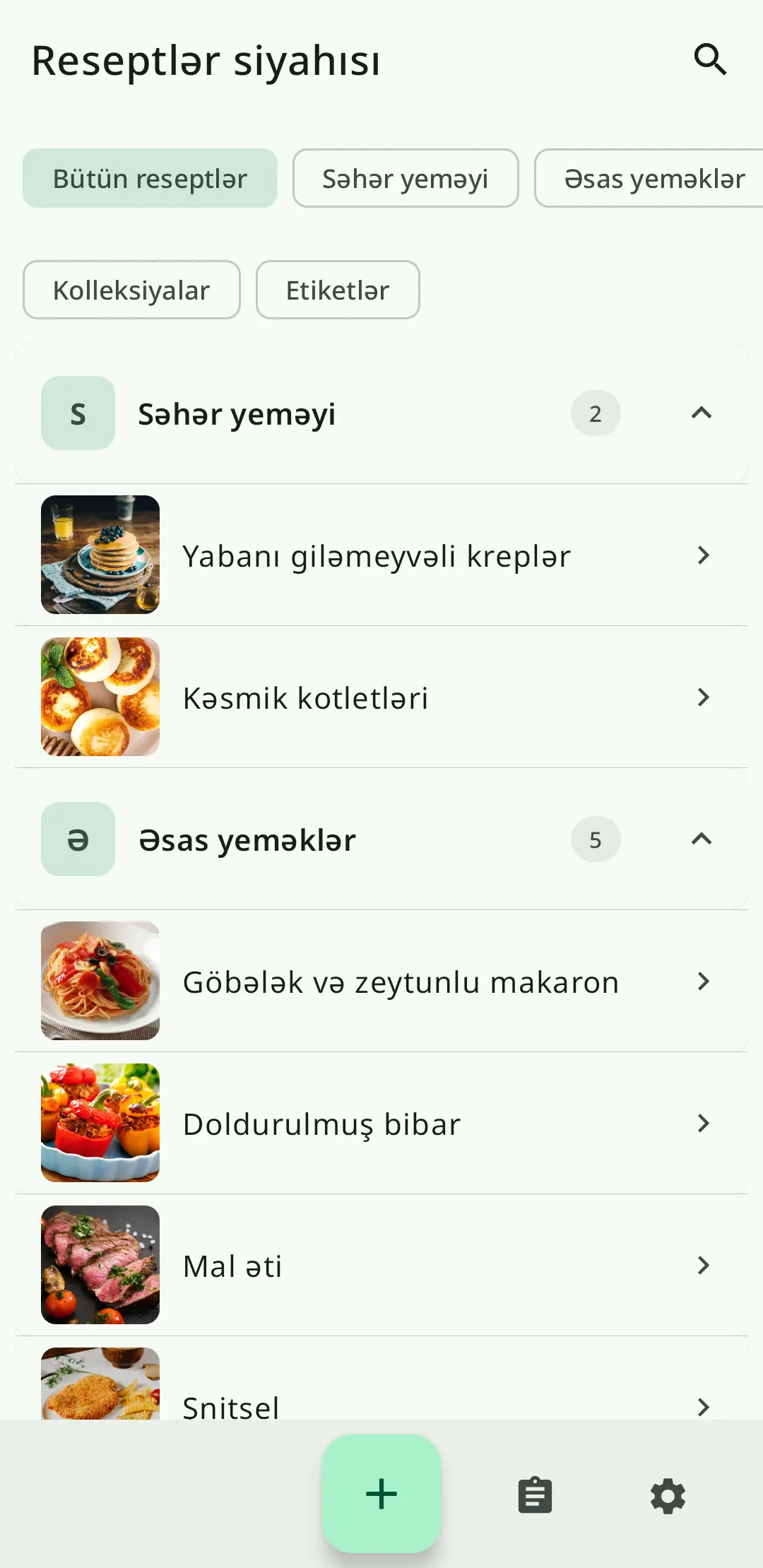 RecipeFlow-da resept siyahısı – şəxsi rəqəmsal yemək kitabı