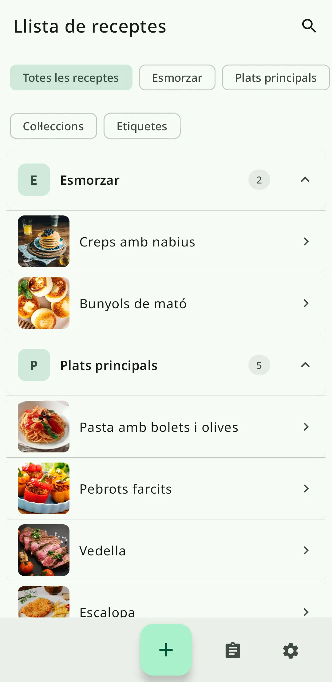 Llista de receptes a RecipeFlow – receptari digital personal