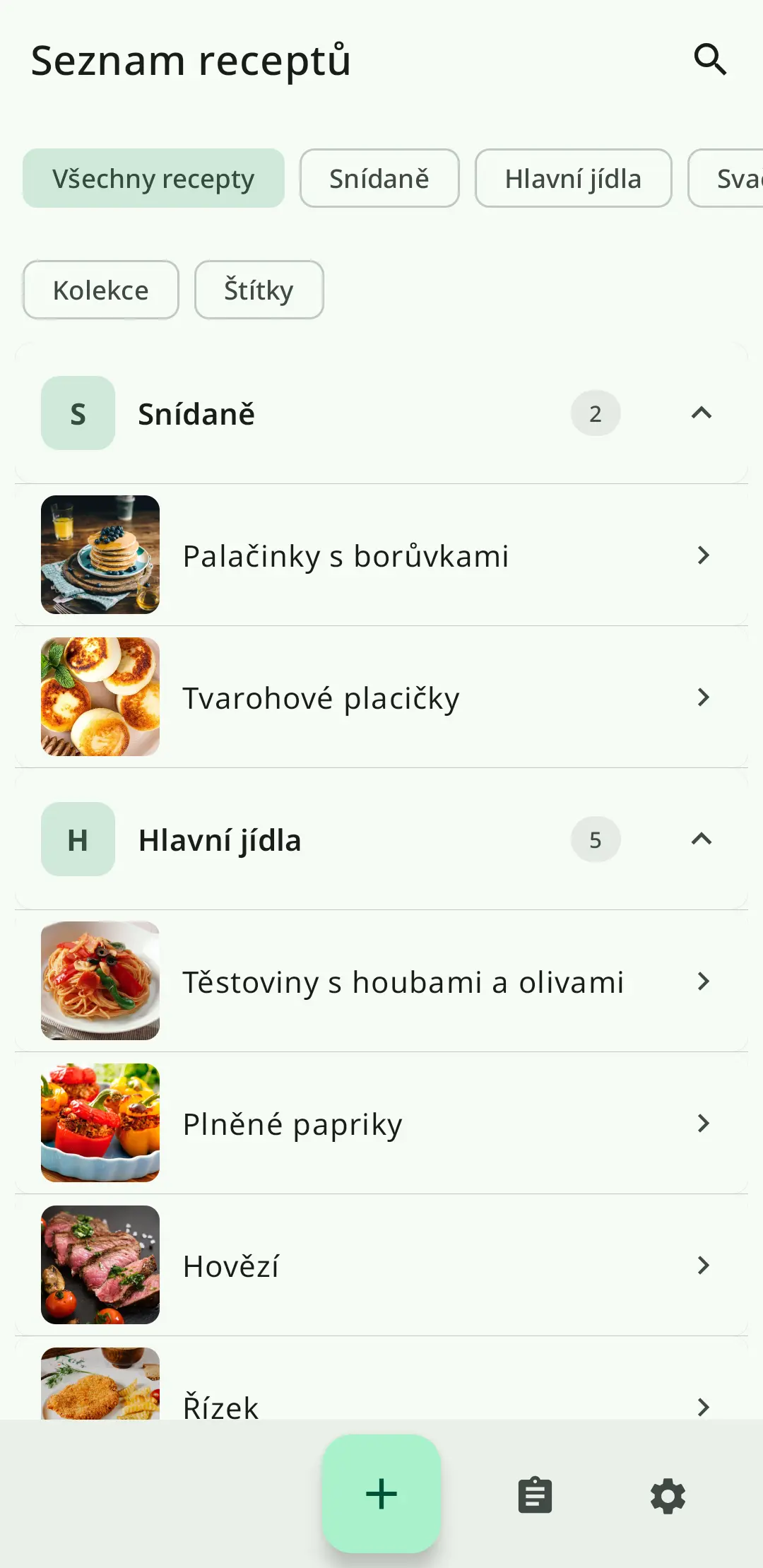 Seznam receptů v aplikaci RecipeFlow – osobní digitální kuchařka