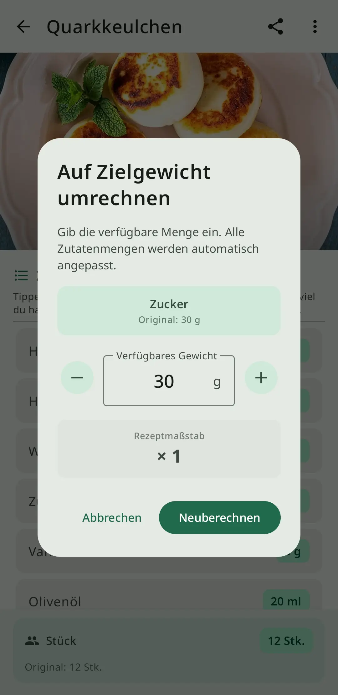Zutaten umrechnen in RecipeFlow