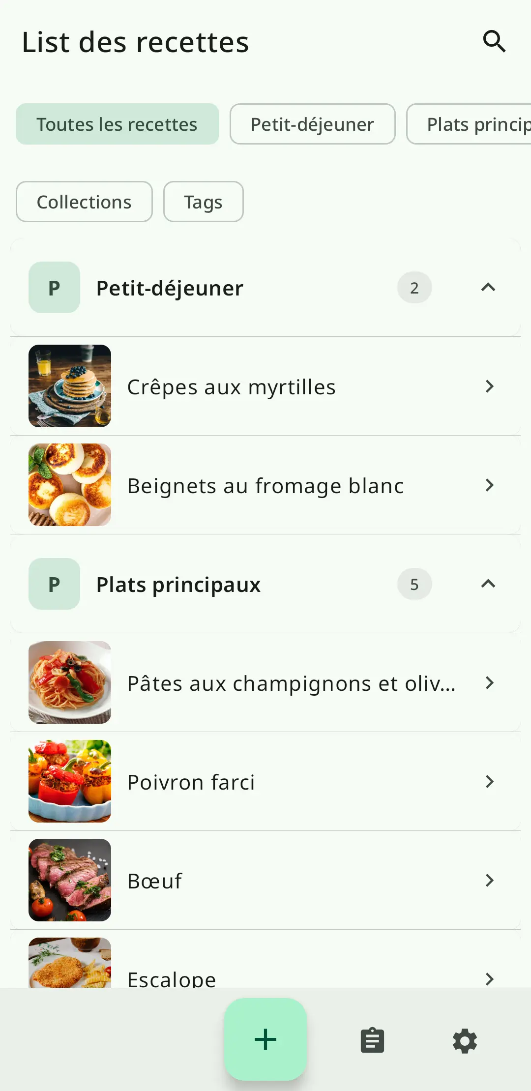 Liste de recettes dans RecipeFlow – carnet de recettes numerique personnel