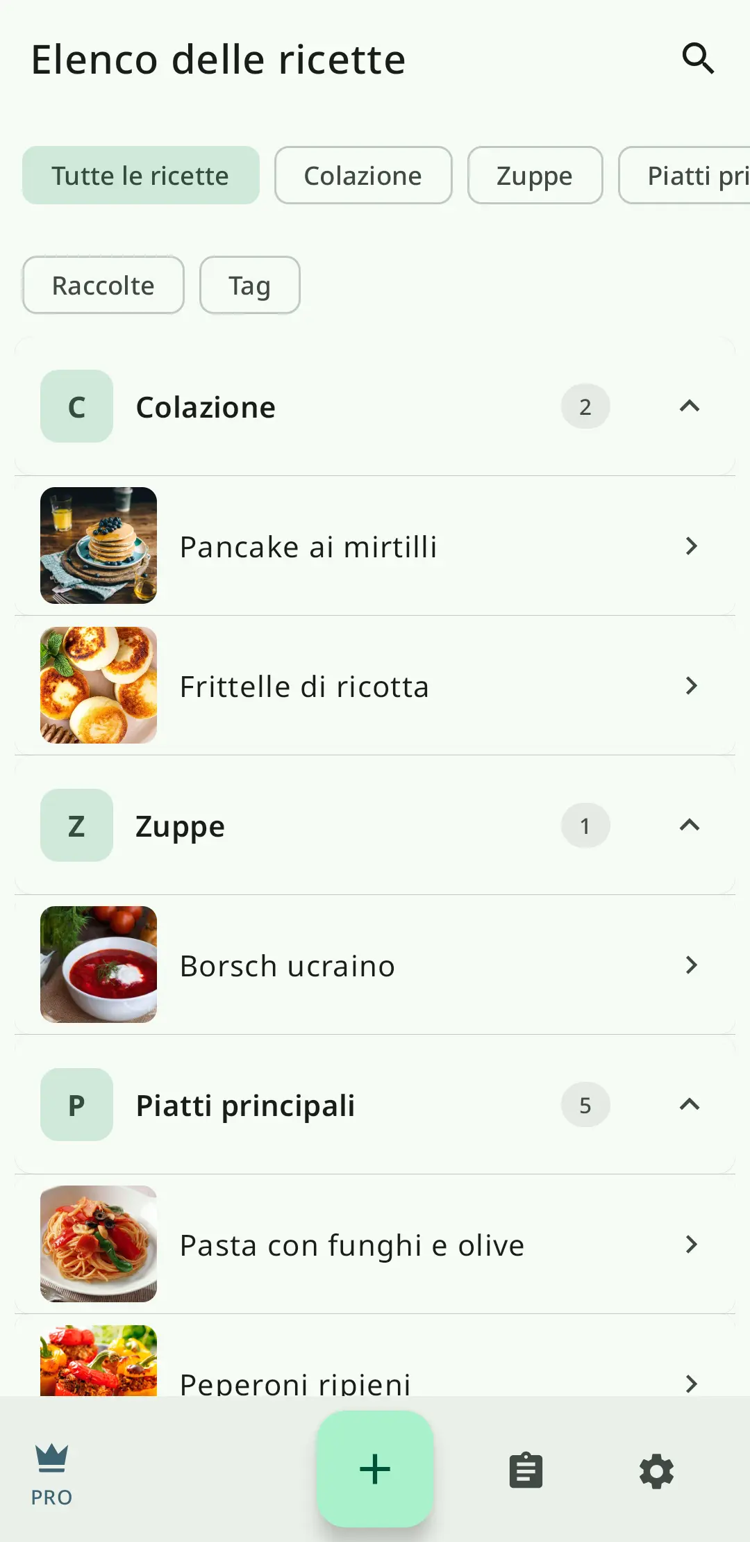 Lista ricette nell'app RecipeFlow – ricettario digitale personale