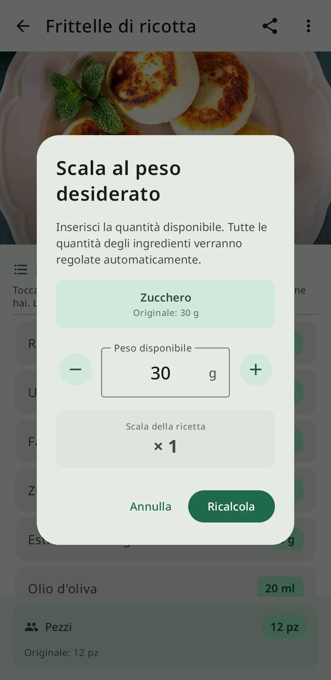 Finestra di conversione ingredienti in RecipeFlow