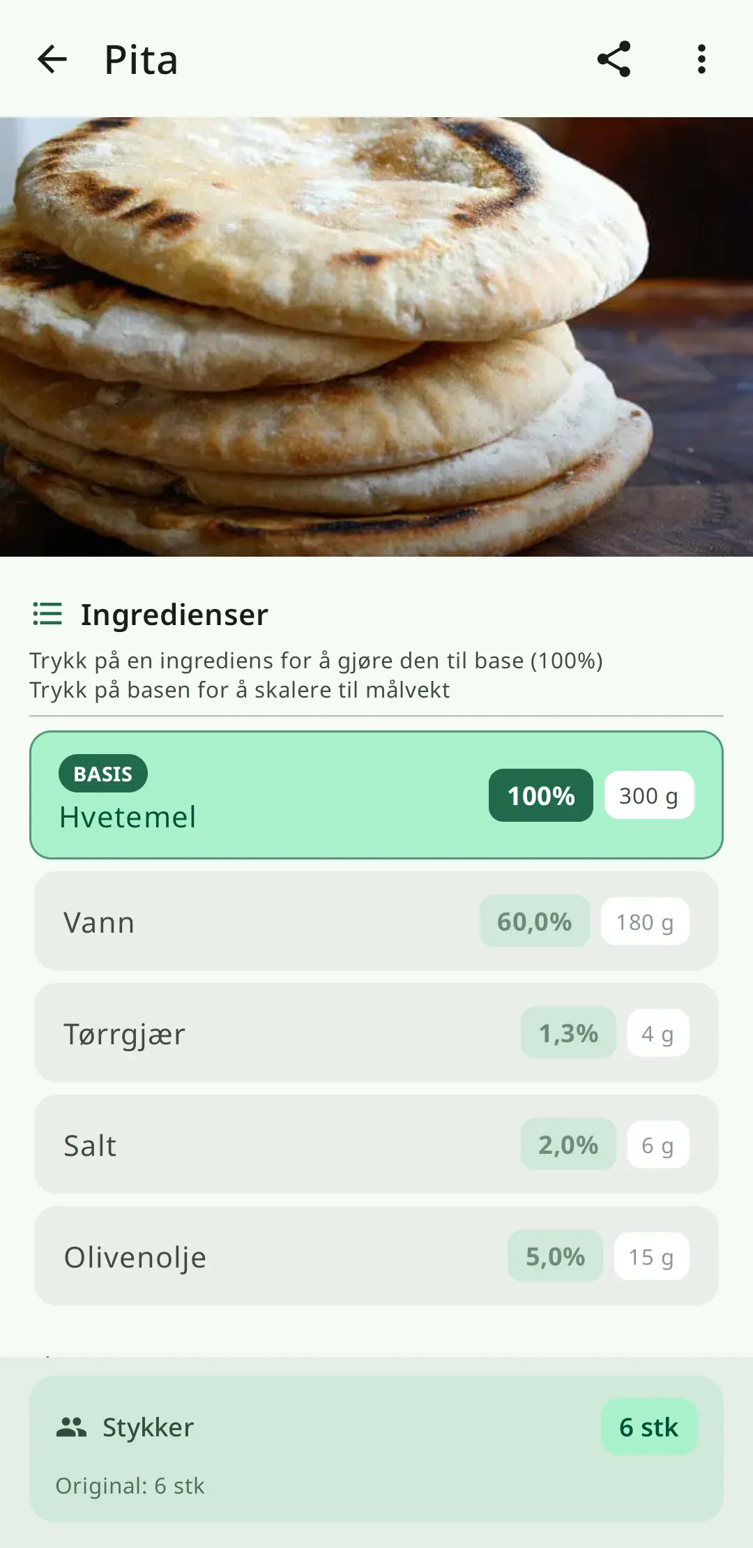 Bakerprosent-kalkulator for brød, gjær og bakst