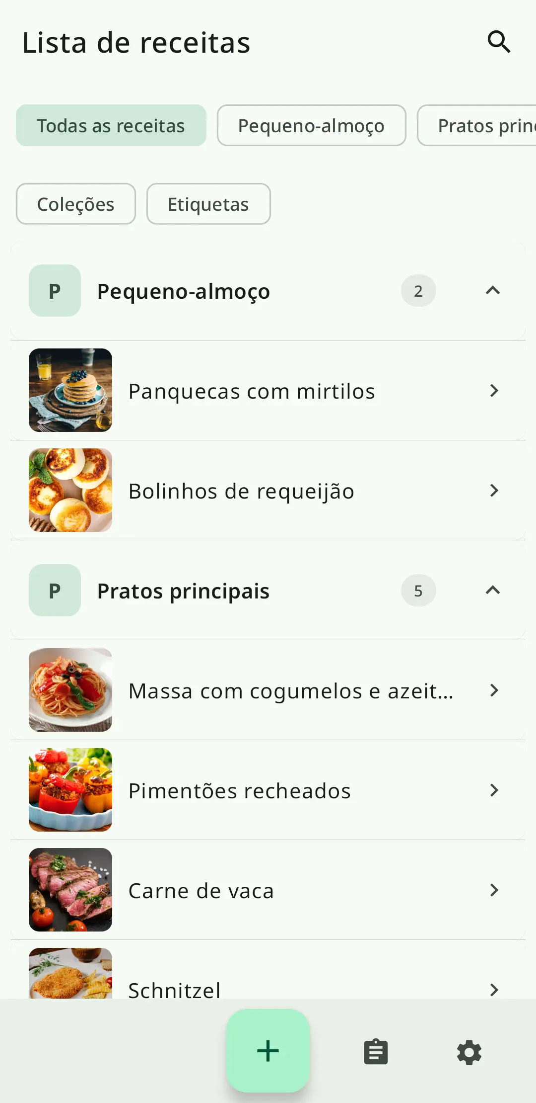 Lista de receitas no RecipeFlow – livro de receitas digital pessoal